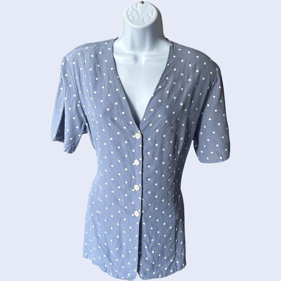 Cristin Stevens Polka Dot Button Front Blouse Blue Tie-Back V-Neck 80s M - Picture 1 of 4
